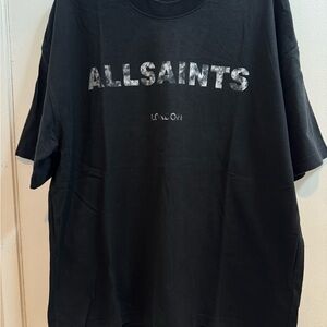 AllSaints London Flocker SS Crew Textured Logo Oversized Black T-Shirt Medium